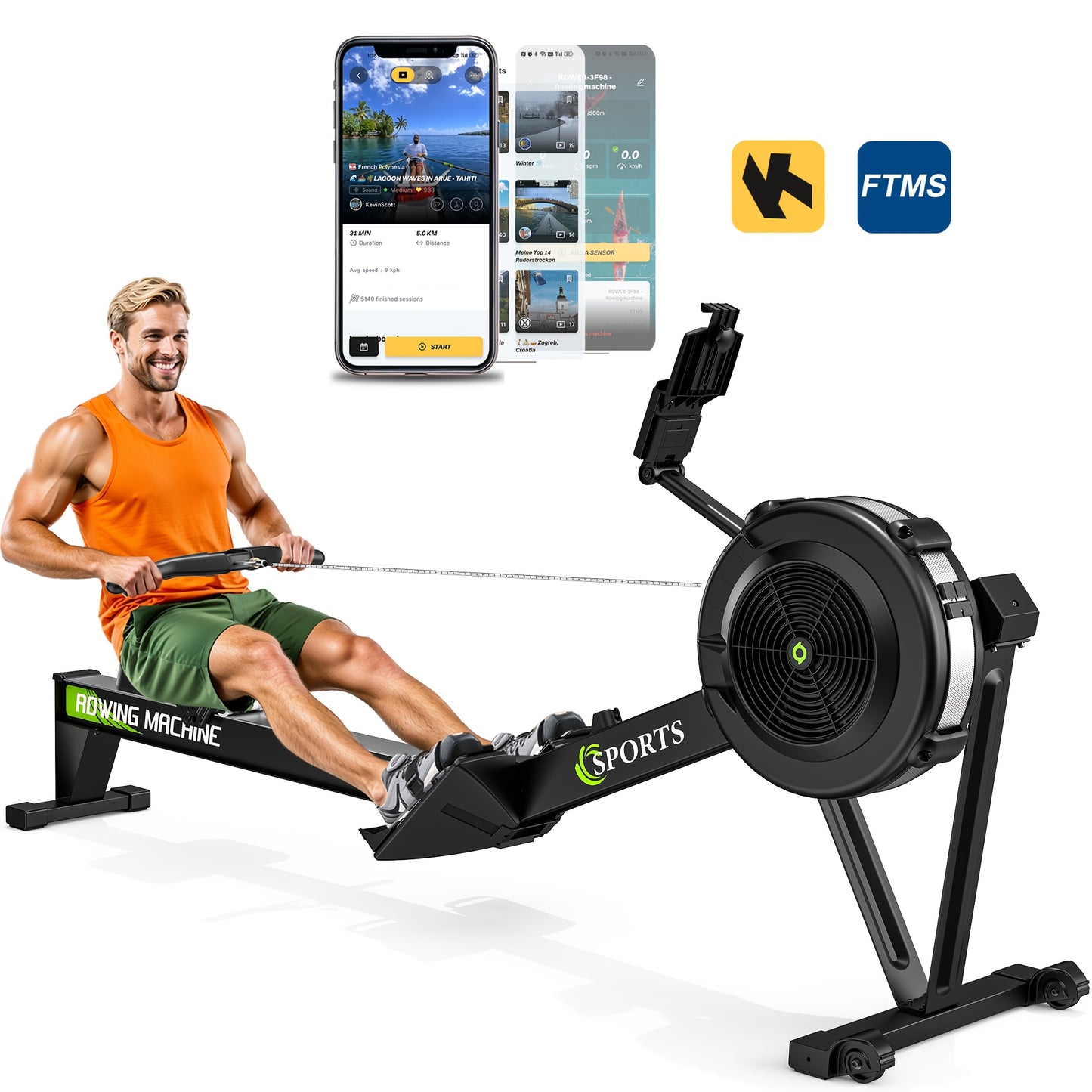 Roeimachine – Roeitrainer – Roeiapparaat – Fitness Roeimachine – Air Resistance Rowing Machine – 10 Weerstandsniveaus – Draadloos Smart Display – Inklapbaar – Max 160 kg Belastbaar