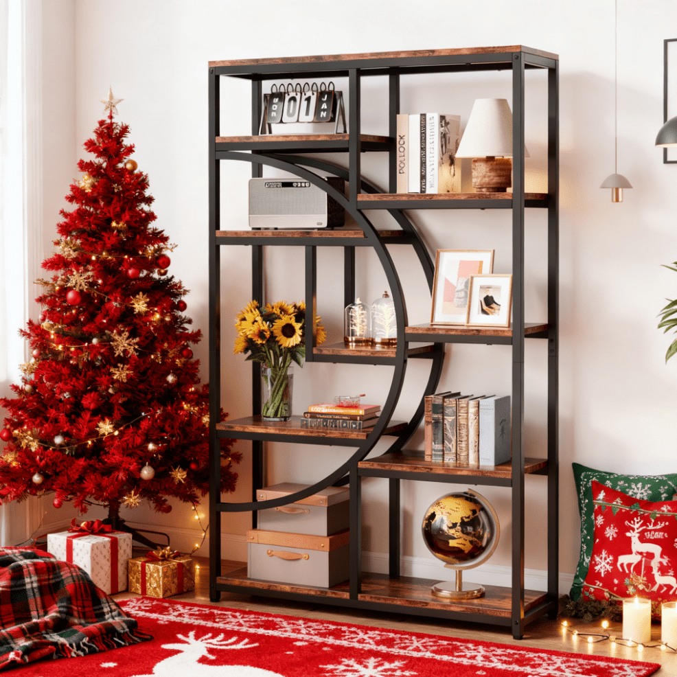 5-Tier Industrial Bookcase with 9 Open Shelves - Heavy-Duty Wood & Metal Freestanding Storage Shelf, Rustic Brown/Black Modern Bookshelf for Home Office,, Bedroom - Easy Assembly, Space-Saving Tall Bookcase (68.58cm+ Height)