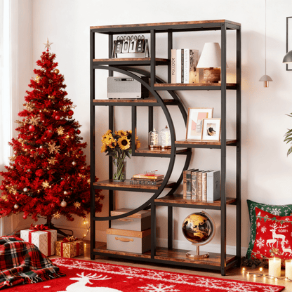 5-Tier Industrial Bookcase with 9 Open Shelves - Heavy-Duty Wood & Metal Freestanding Storage Shelf, Rustic Brown/Black Modern Bookshelf for Home Office,, Bedroom - Easy Assembly, Space-Saving Tall Bookcase (68.58cm+ Height)