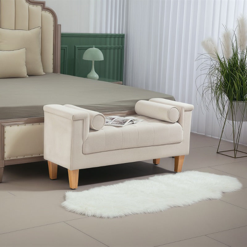 Bankje – Zitbank – Halbankje – Opbergbank – Zitmeubel – Chenille Stof – Met Armleuningen – Inclusief Opbergruimte – 115x44x58 cm – Beige