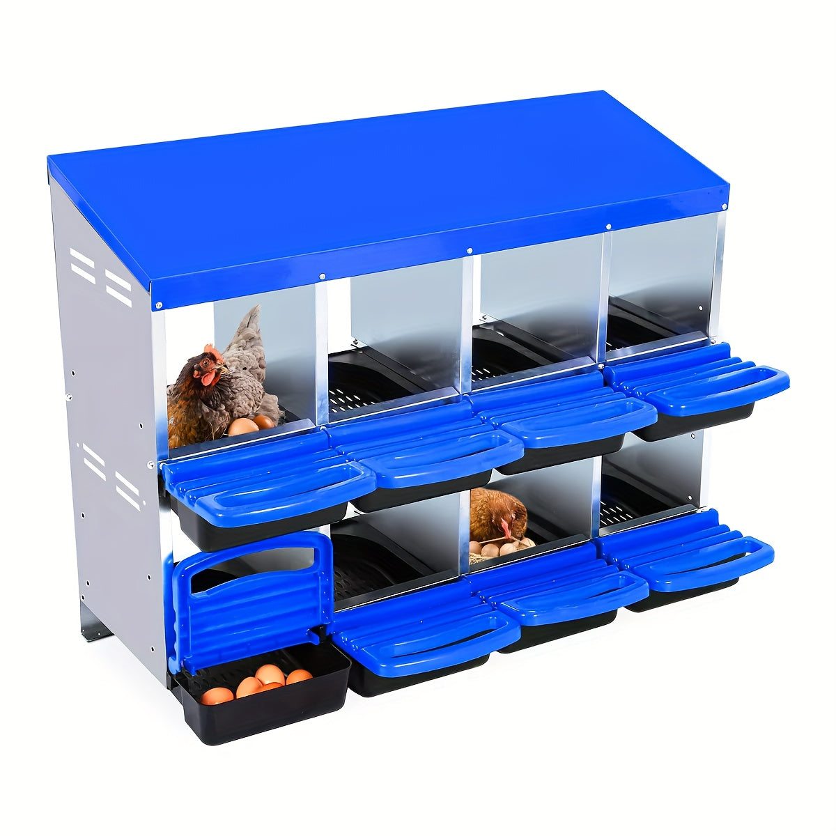 6/8/10-Hole Heavy-Duty Metal Chicken Nesting Boxes with Roll-On Egg Collection System, Ventilation Holes & Keylock Installation - All-Weather Durable Laying Boxes with Removable Trays & Egg Storage for Hens, Ducks, Geese - Ea