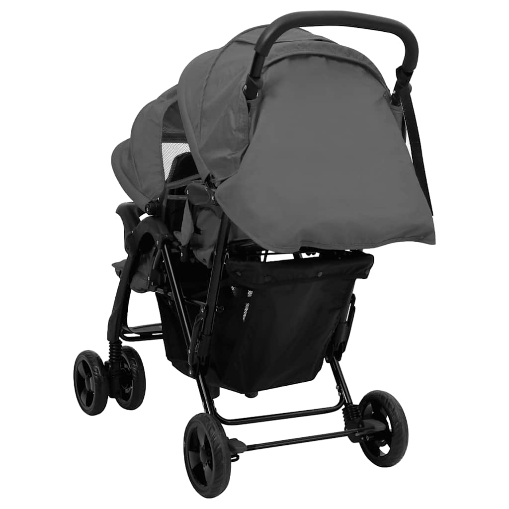 Tandem Kinderwagen – Dubbele Buggy – Dubbele Kinderwagen – Tandem Buggy – Kinderwagen Voor Twee – Stevig Stalen Frame – Verstelbare UV Zonnekappen – Donkergrijs