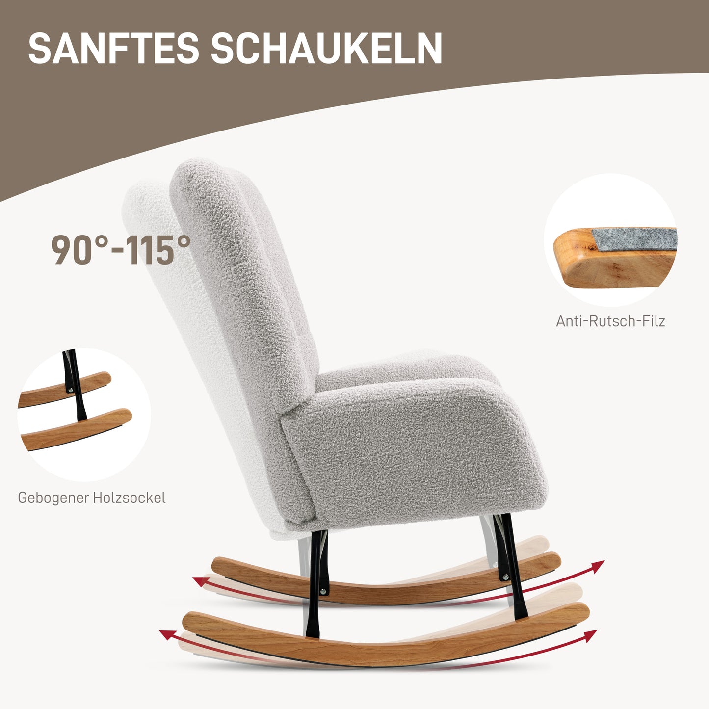 Schommelstoel – Schommelzetel – Relaxstoel – Schaukelstoel – Stoel – Lichtgrijs – Teddy-stof Bekleding – 10 cm Dikke Vulling – Antislip Rubberhouten Poten