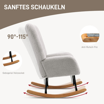 Schommelstoel – Schommelfauteuil – Relaxstoel – Loungestoel – Fauteuil – Lichtgrijs – Zachte Teddy Stof – Houten Schommelingen
