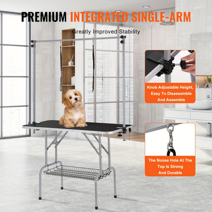 Trimtafel Hond – Trimbank Honden – Hondenverzorgingstafel – Grooming Tafel – Opvouwbare Verzorgingstafel – Dubbele Armen – Met Opbergrek – Stevig Metalen Frame – Roestvrijstalen Afwerking