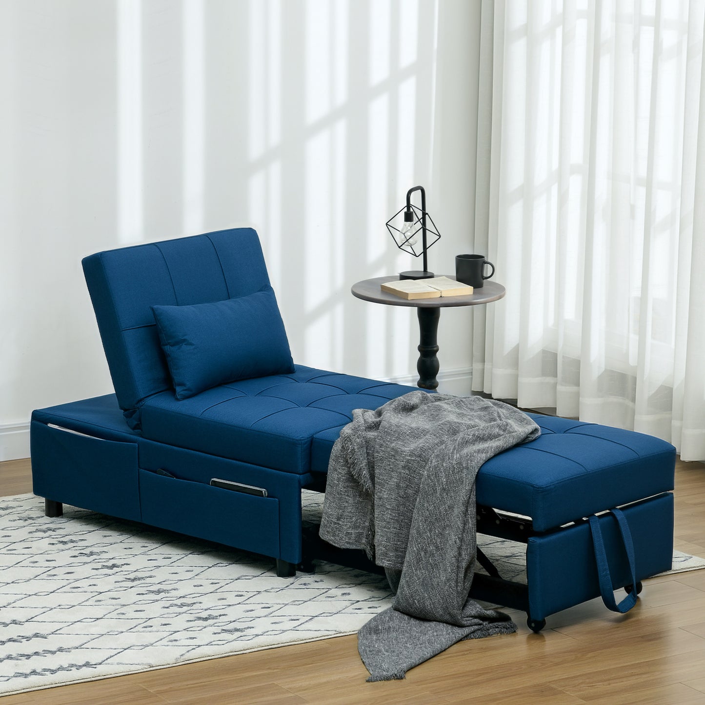 Fauteuil Bedbank – 1-Zitsbank – Slaapfauteuil – Loungezetel – Slaapstoel – Verstelbare Rugleuning – Geïntegreerd Kussen – Blauw