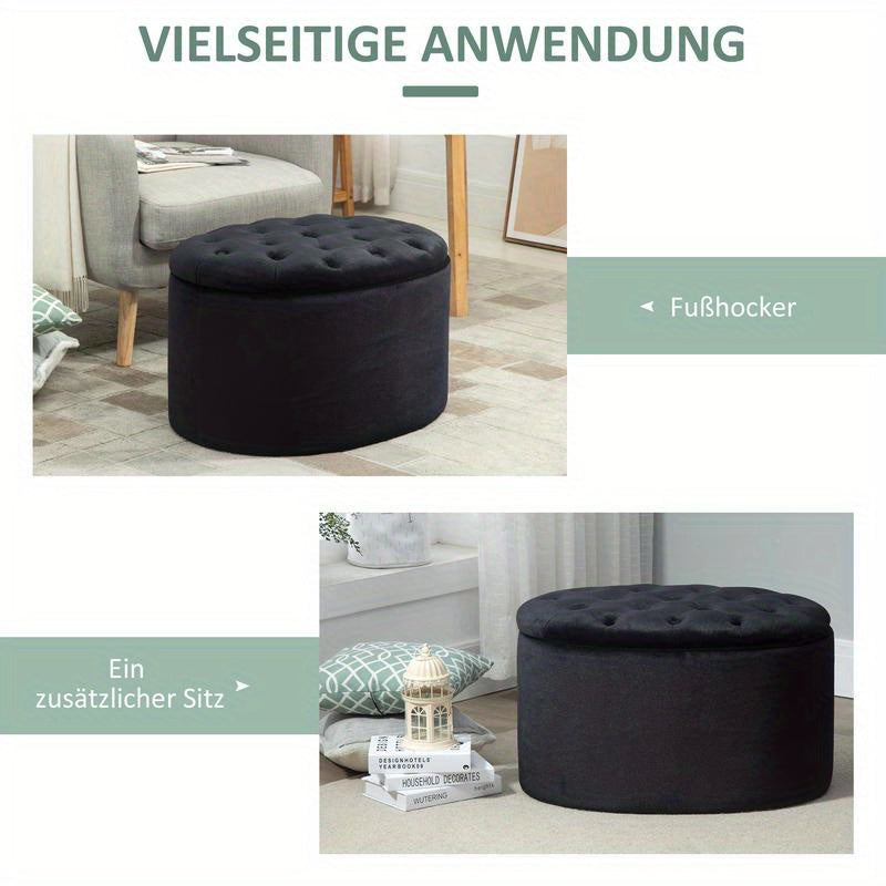 Opbergbank – Opbergpoef – Zitbank Met Opbergruimte – Opbergkist – Hocker – Fluwelen Bekleding – Ovaal Design – 71x52x42 cm – Zwart – Ruimtebesparend – Met Scharnierend Deksel