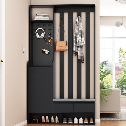 Kapstokkast – Garderobekast – Halmeubel – Schoenenkast – Staande Kapstok – Modern – Multifunctioneel – MDF & Hardhout – Gestoffeerde Opbergbank – 180x100x35 cm – Zwart – 4 Metalen Haken – Opberglades & Planken