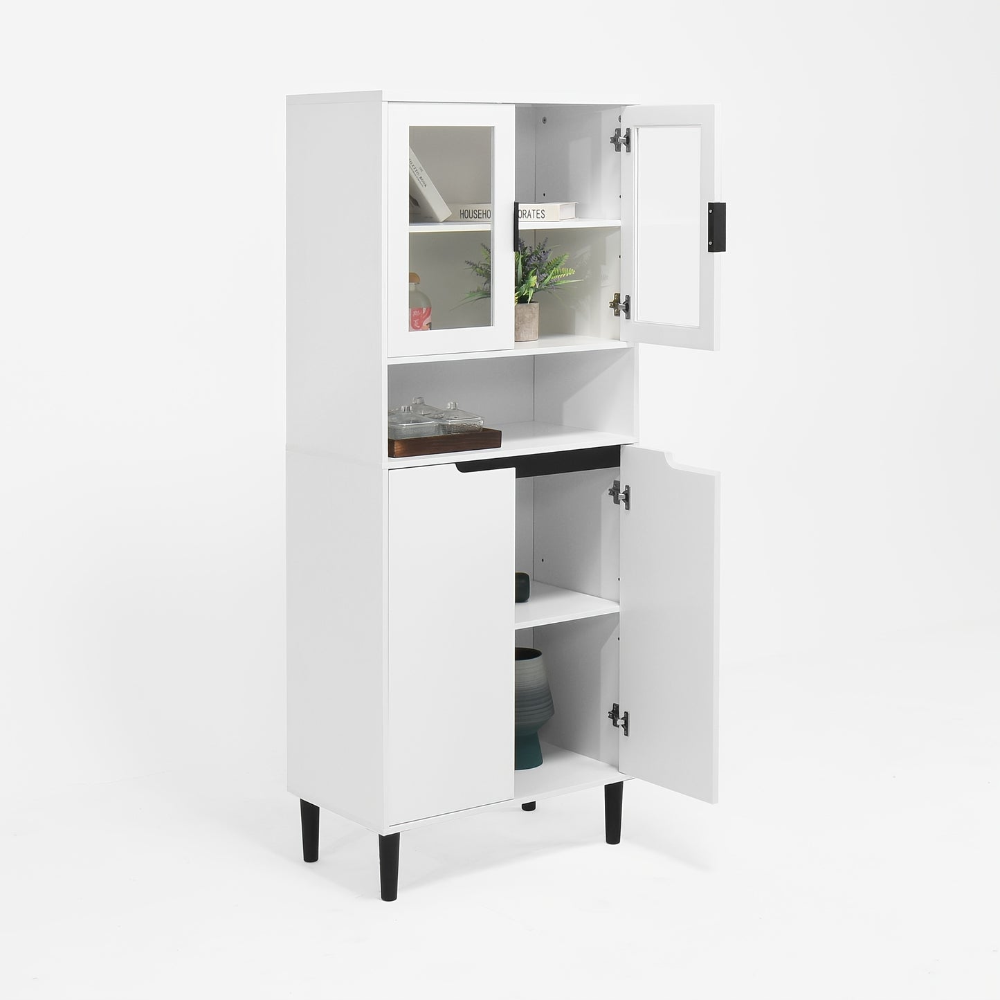 Modern White 4-Door Bookcase with Tempered Glass Doors & Adjustable Shelves - Heavy-Duty Metal Frame & MDF-Free Lacquered Cabinet, Freestanding Storage Shelf for Living Room, Bedroom - Easy Assembly, & Pet- Glass Panels