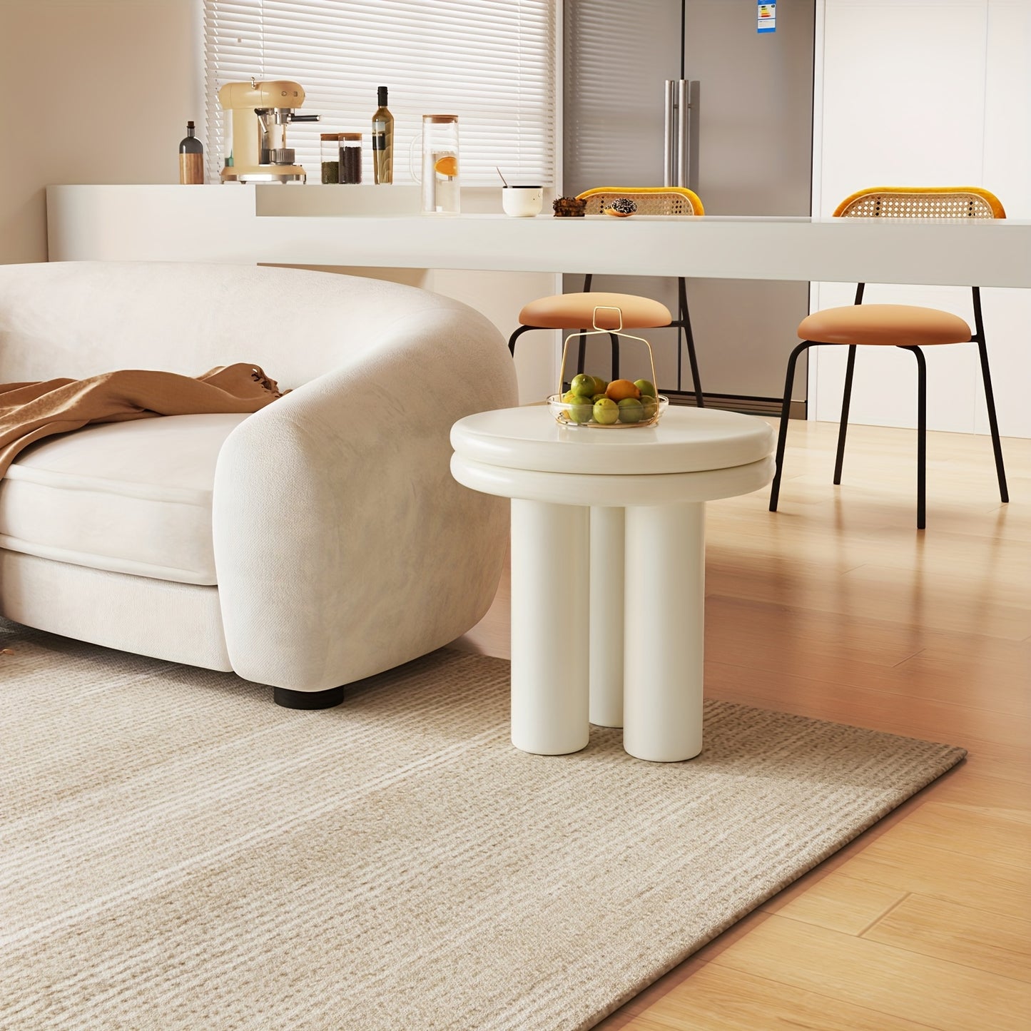 Bijzettafel – Sofa Tafel – Sidetable – Nachtkastje – Salontafel – Massief Hout – Compact Rond Design – Roomwit Afwerking – Minimalistisch – Stevig