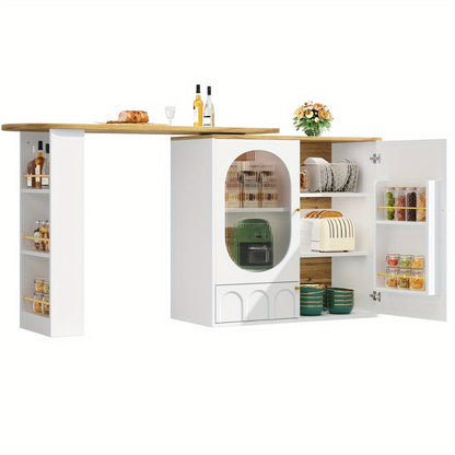 Modern White Metal 360° Rotating Bar Table with Storage - Heavy-Duty Commercial/Residential Use, 3-Door Cabinet with Removable Dividers, Space-Saving Design, Easy Assembly, 138x39x102cm, Ideal for Home Bars, Kitchens, Restau