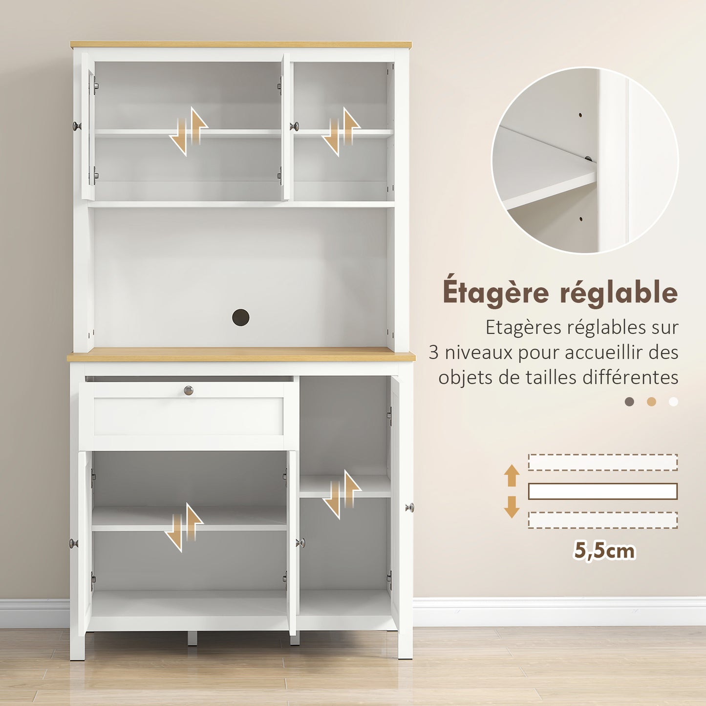 Keukenkast – Keukenbuffet – Vitrinekast – Opbergkast – Hoge Kast – 5 Deuren Inclusief 2 Glazen Deuren – Met Lade En Kabeldoorvoer – 180 cm Hoog – Witte MDF Afwerking
