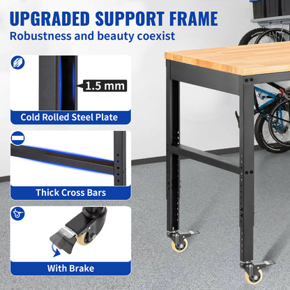 Werkbank – Werktafel – Werkbankje – Klusbank – Verstelbare Werkbank – 122 x 61 cm Massief Houten Blad – Ingebouwde Stopcontacten en USB-A Poorten