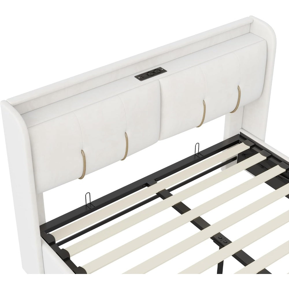 Tweepersoonsbed – Bed – Ledikant – Boxspring – Slaapbank – Gebroken Wit – 160x200 cm – Opbergruimte Hoofdbord – Geïntegreerde USB-poort & LED-sfeerverlichting