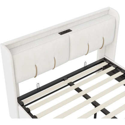Tweepersoonsbed – Bed – Ledikant – Boxspring – Slaapbank – Gebroken Wit – 160x200 cm – Opbergruimte Hoofdbord – Geïntegreerde USB-poort & LED-sfeerverlichting
