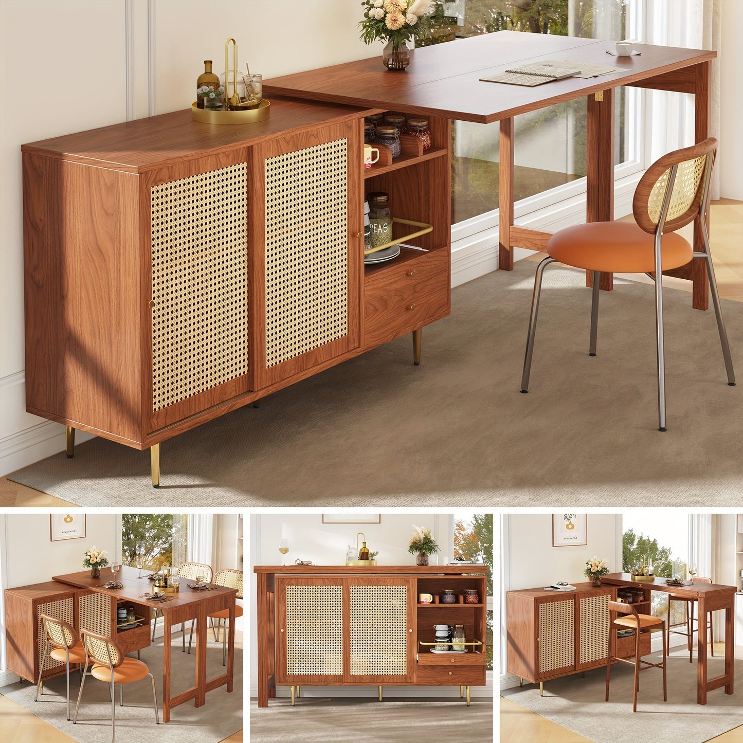 Bartafel – Bartafelset – Statafel – Keukentafel – Bistrotafel – 360° Draaibaar – Uitschuifbaar Ontwerp – Hout & MDF – Rattan Opbergruimte – Bruin – Compacte Afmetingen (107x40x71,4 cm)