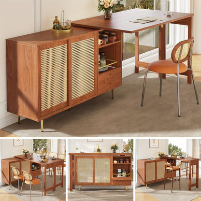 Bartafel – Bartafelset – Statafel – Keukentafel – Bistrotafel – 360° Draaibaar – Uitschuifbaar Ontwerp – Hout & MDF – Rattan Opbergruimte – Bruin – Compacte Afmetingen (107x40x71,4 cm)