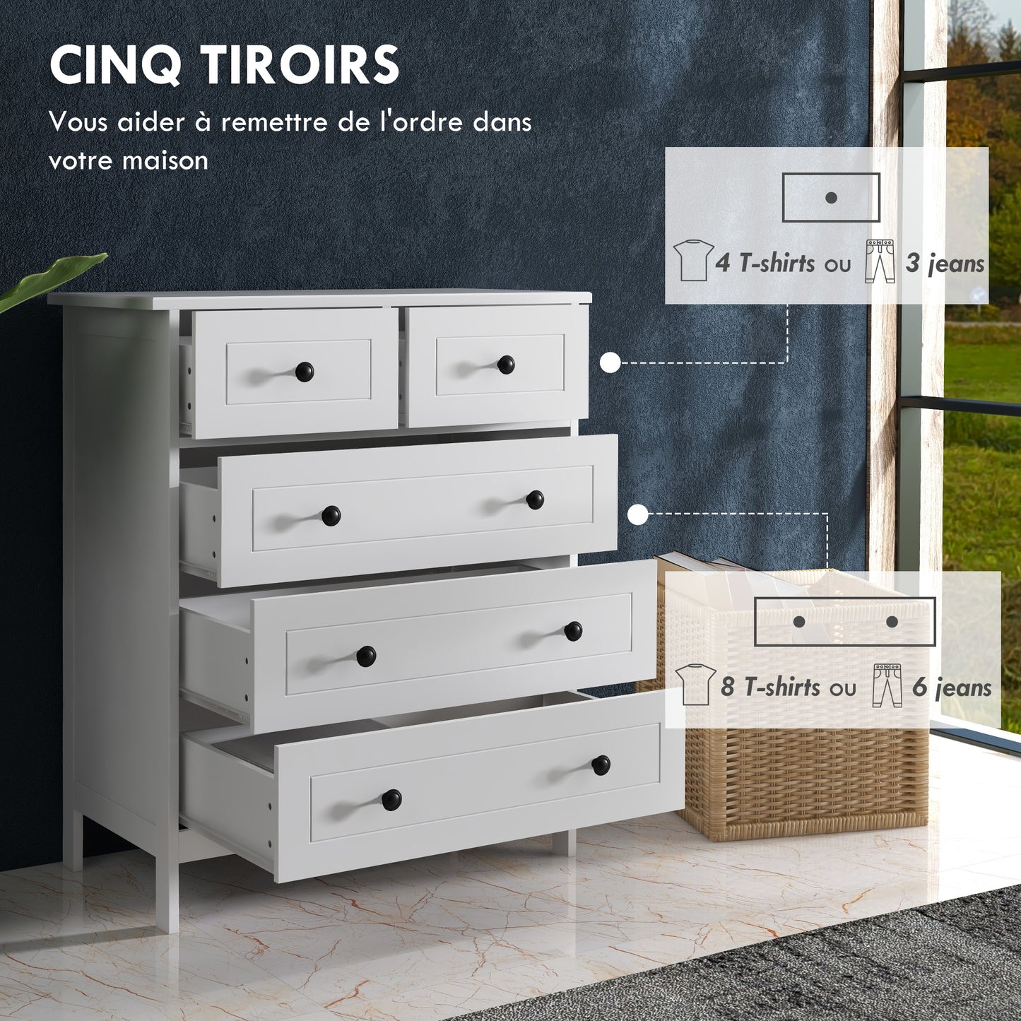 Ladekast – Commode – Opbergkast – Kast – Kastje – 5 Laden – Wit – Compact Formaat 74x40x91 cm – Metaalgrepen