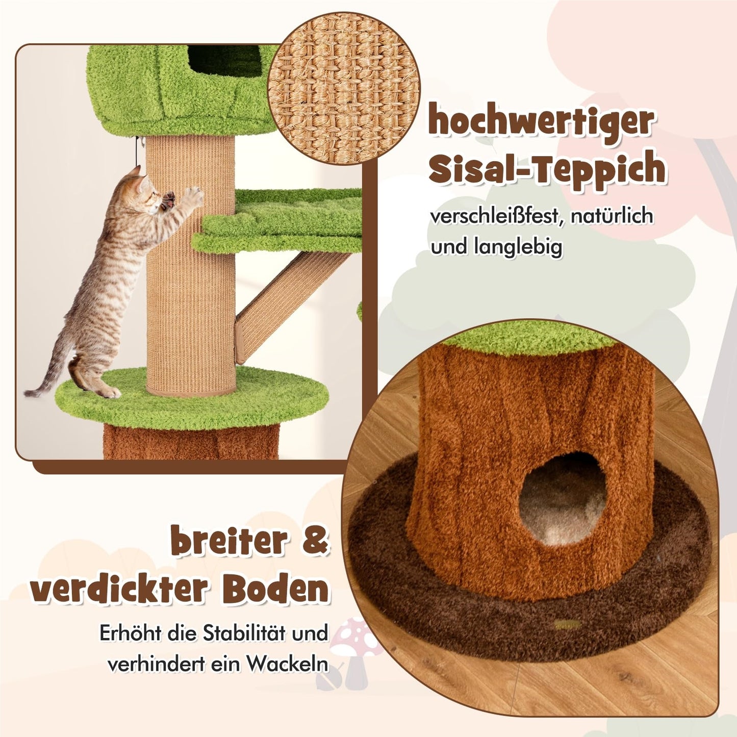 Kattenboom – Krabpaal – Klimmeubel – Kattenhuis – Kattenklimtoestel – Met Kattenholte en Speelballen – Stevig Houten Frame met Sisal Krablaag – Afmeting 60x60x148 cm – Bruin Groen Natuurlijk