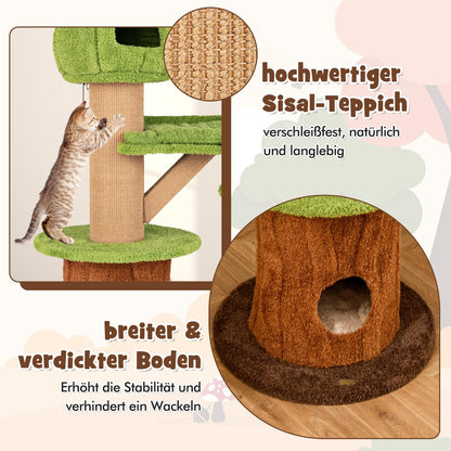 Kattenboom – Krabpaal – Klimmeubel – Kattenhuis – Kattenklimtoestel – Met Kattenholte en Speelballen – Stevig Houten Frame met Sisal Krablaag – Afmeting 60x60x148 cm – Bruin Groen Natuurlijk