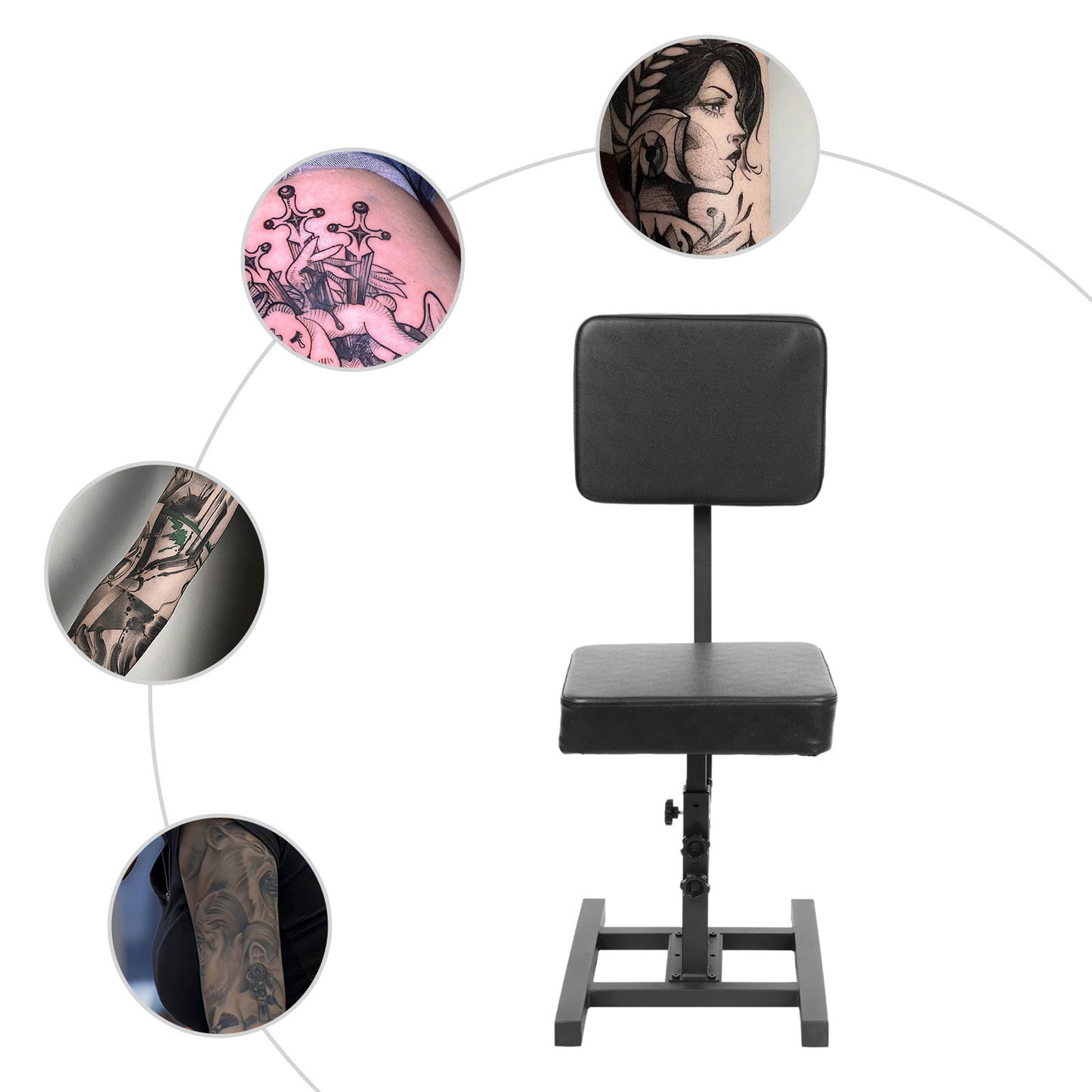 Adjustable Tattoo and Hair Chair | Multiple Use, Aluminum Frame, Open Back, Includes Cushion, No Wheels - NaMaSyo