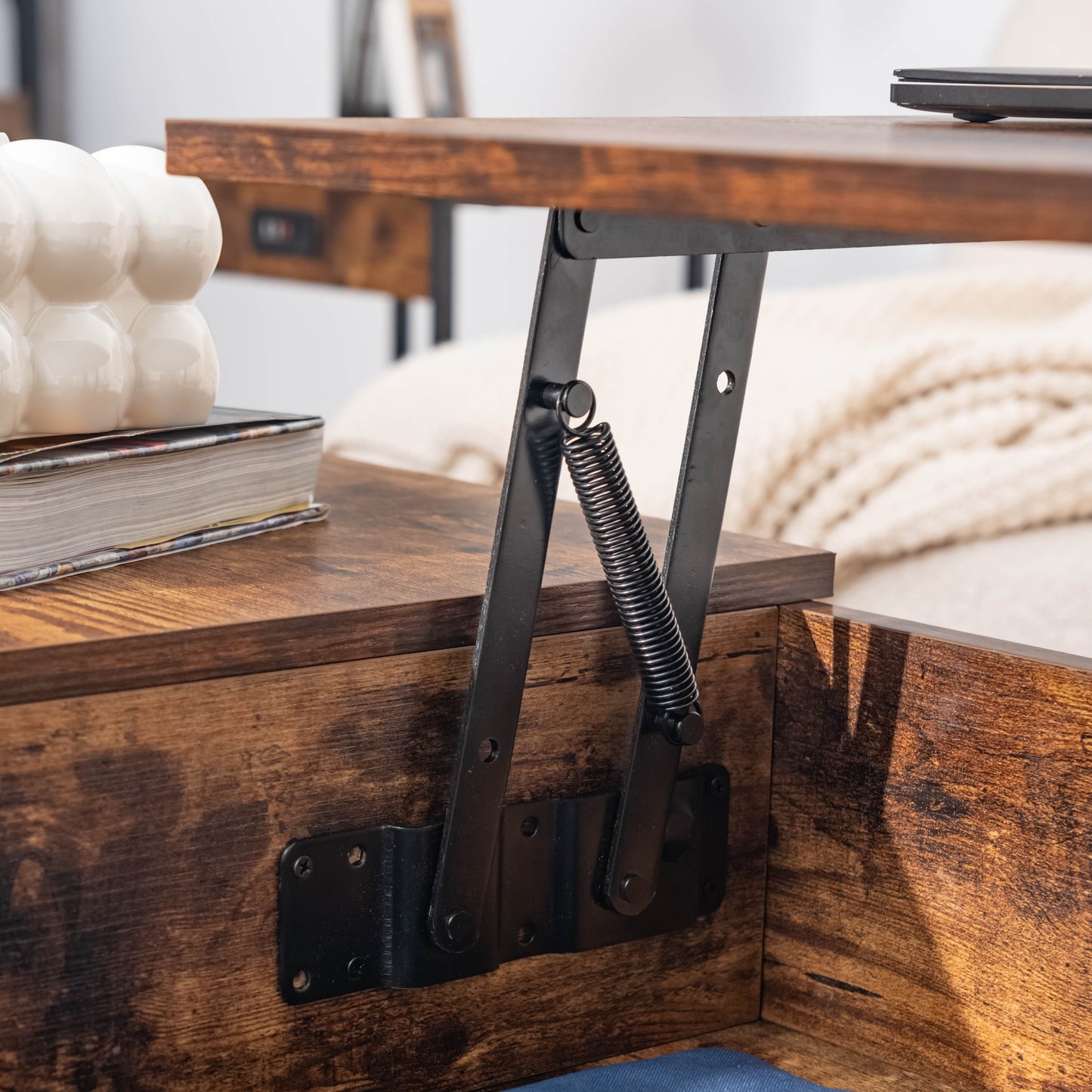 Retro Salontafel – Bijzettafel – Koffietafel – Werktafel – Multifunctionele Tafel – Bruin – Verstelbaar Werkblad – 2 Verborgen Opbergvakken