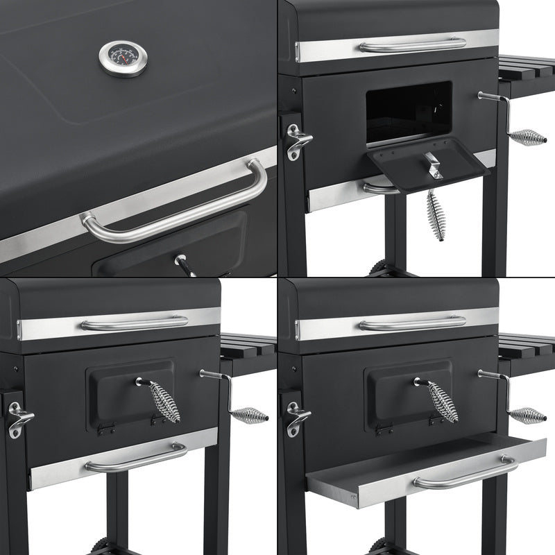 Grillwagen – Barbecuewagen – Houtskoolgrill – Tuingrill – BBQ Trolley – Ruime Grilloppervlakte 105x114x47,5 cm – Ingebouwde Thermometer & Traploze Houtskoolhoogteverstelling