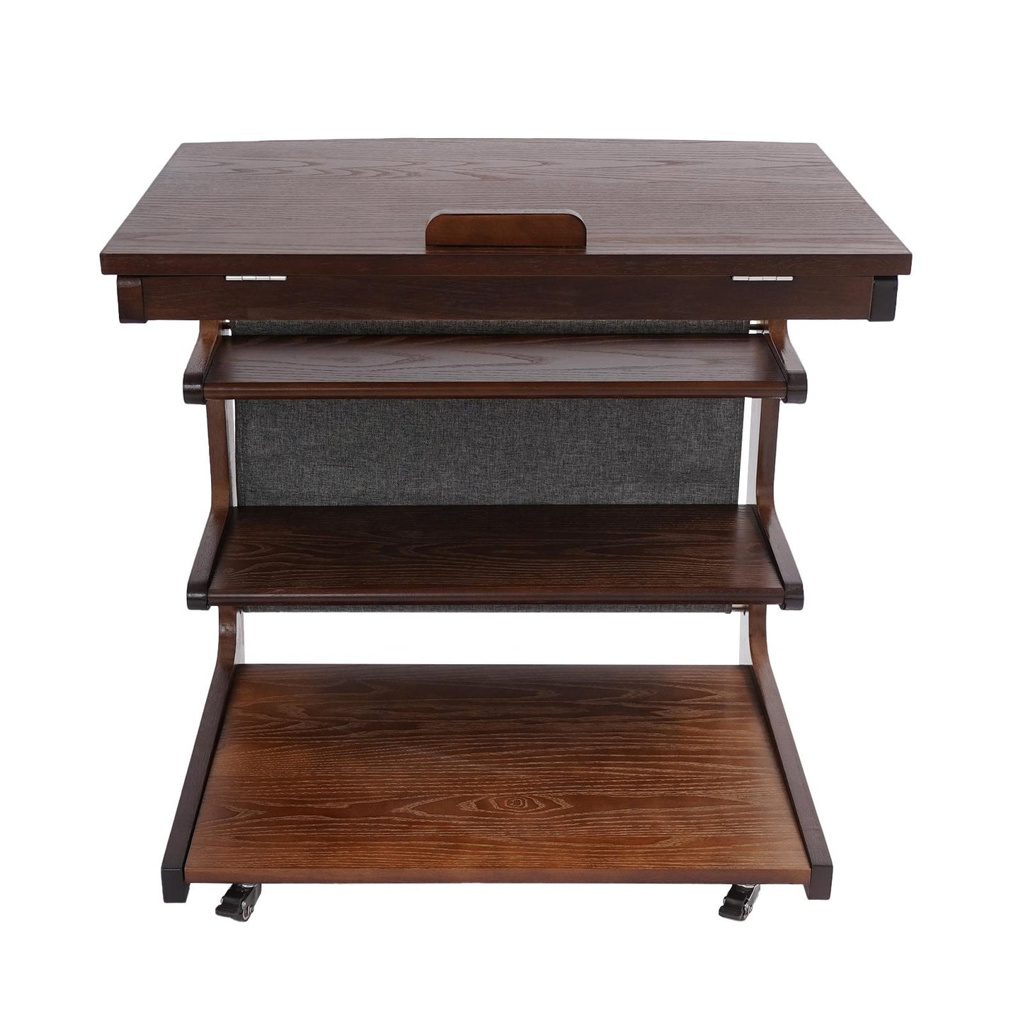 Salontafel met Opbergruimte – Bijzettafel – Koffietafel – Wandtafel – Rolstoeltafel – 4-laags Opbergruimte – Modern C-vormig Design – Rubberhout en IJzer – Wieltjes met Rem – 60 cm Hoog – Notenkleur