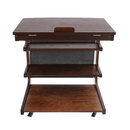 Salontafel met Opbergruimte – Bijzettafel – Koffietafel – Wandtafel – Rolstoeltafel – 4-laags Opbergruimte – Modern C-vormig Design – Rubberhout en IJzer – Wieltjes met Rem – 60 cm Hoog – Notenkleur