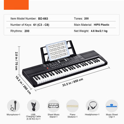 Keyboard – Toetsenbord – Digitale Piano – Keyboard Piano – Elektronisch Toetseninstrument – 61 Toetsen – 200 Klanken & 200 Ritmes