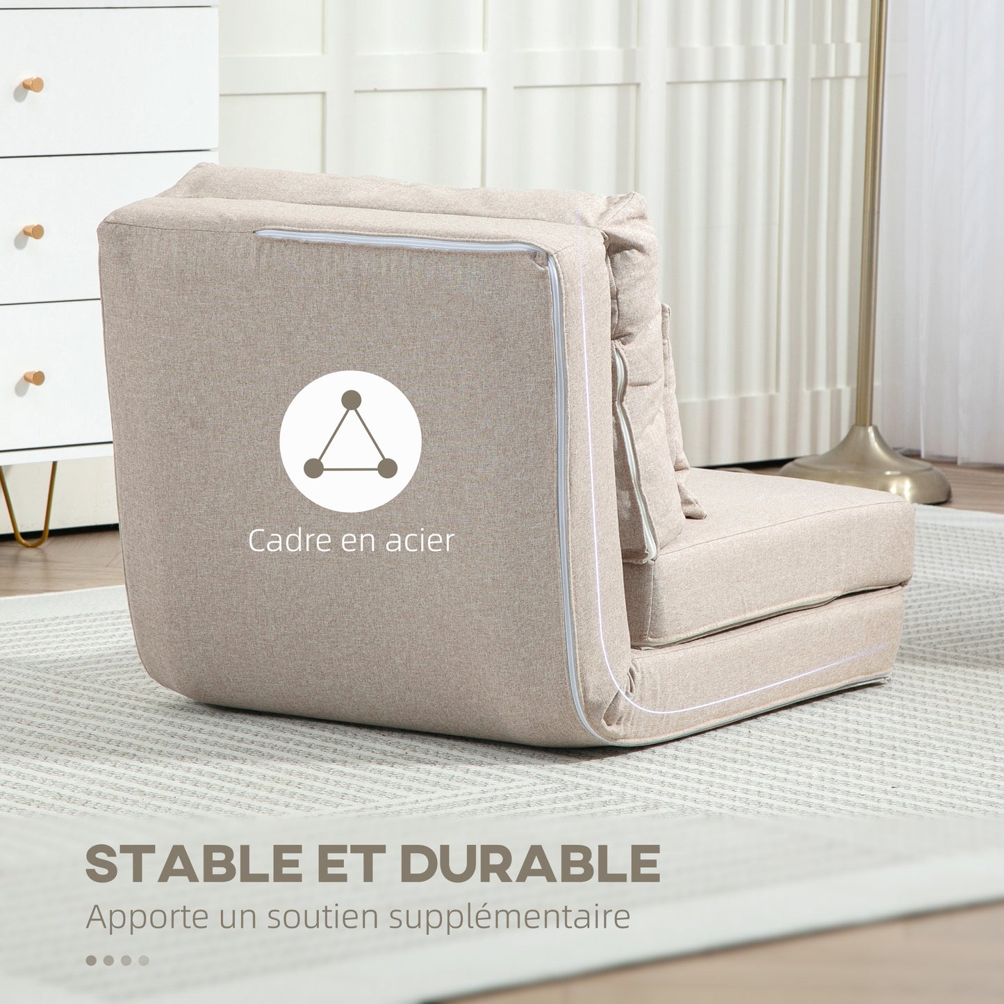 Zitzak – Fauteuil – Stoel – Loungebank – Relaxstoel – Verstelbare Rugleuning – Linnen Beige – Met Kussen – Opvouwbaar – Max 90 kg