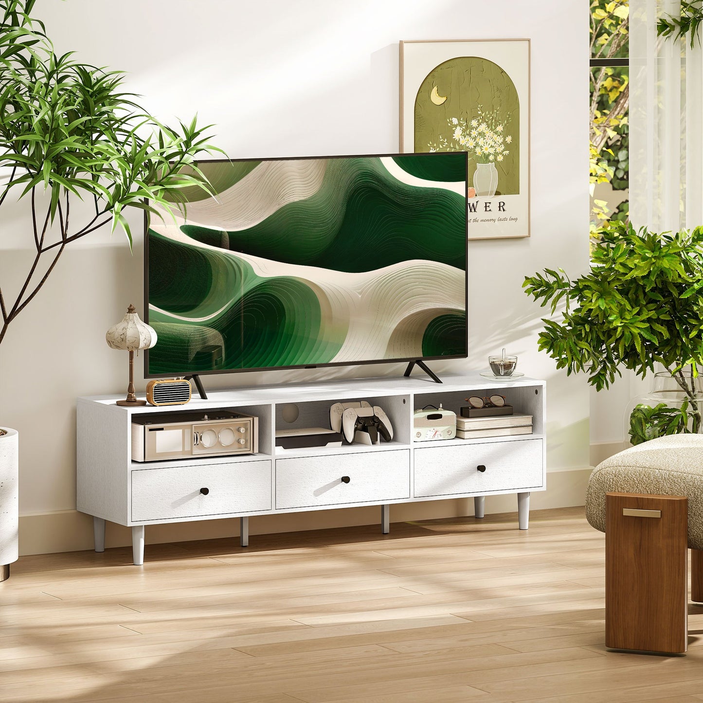 Tv-meubel – TV-kast – Televisiekast – TV-dressoir – Media-meubel – Voor televisies tot 75 inch – Met 3 lades en 3 open planken – Kabelmanagement – Wit spaanplaat