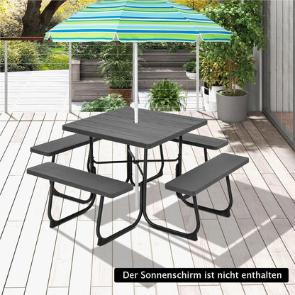 Picknicktafel – Tuinset – Buitenmeubel – Zitzet – Balkontafel – Zwarte Vierkante Tafel 170x170 cm – HDPE Kunststof & Parasolhouder