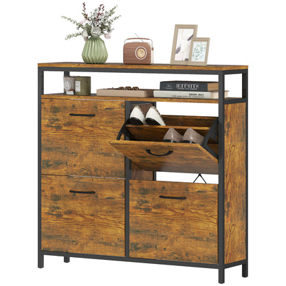 Schoenenkast – Schoenenrek – Schoenenopberger – Schoenendisplay – Schoenenmeubel – Rustic-Bruin – Smal Ontwerp – 4 Opvouwbare Lades