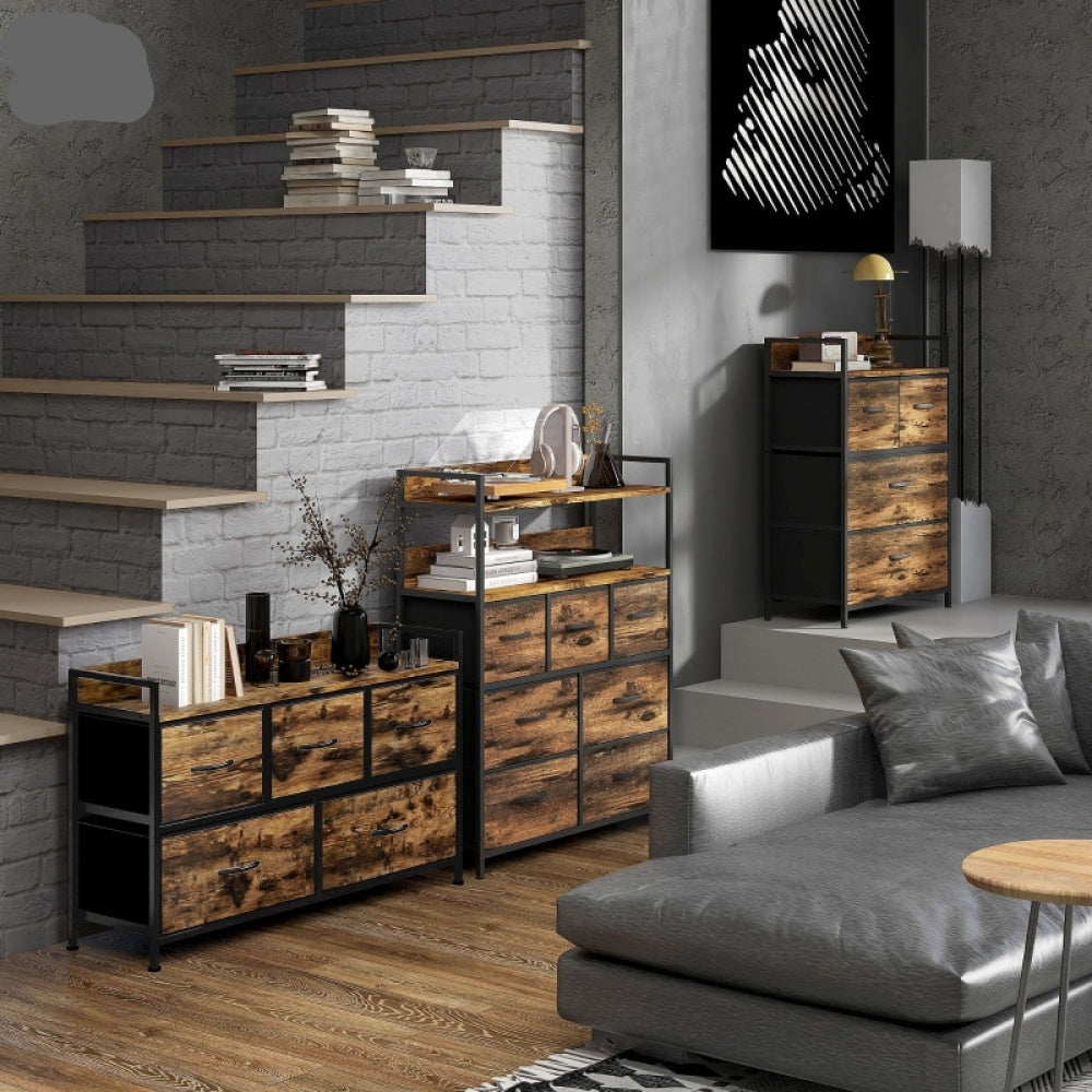 Ladekast – Ladenkast – Commode – Opbergkast – Dressoir – 5 Stoffen Lades – Robuust Stalen Frame – Industrieel Design – Compact 98x29x63 cm