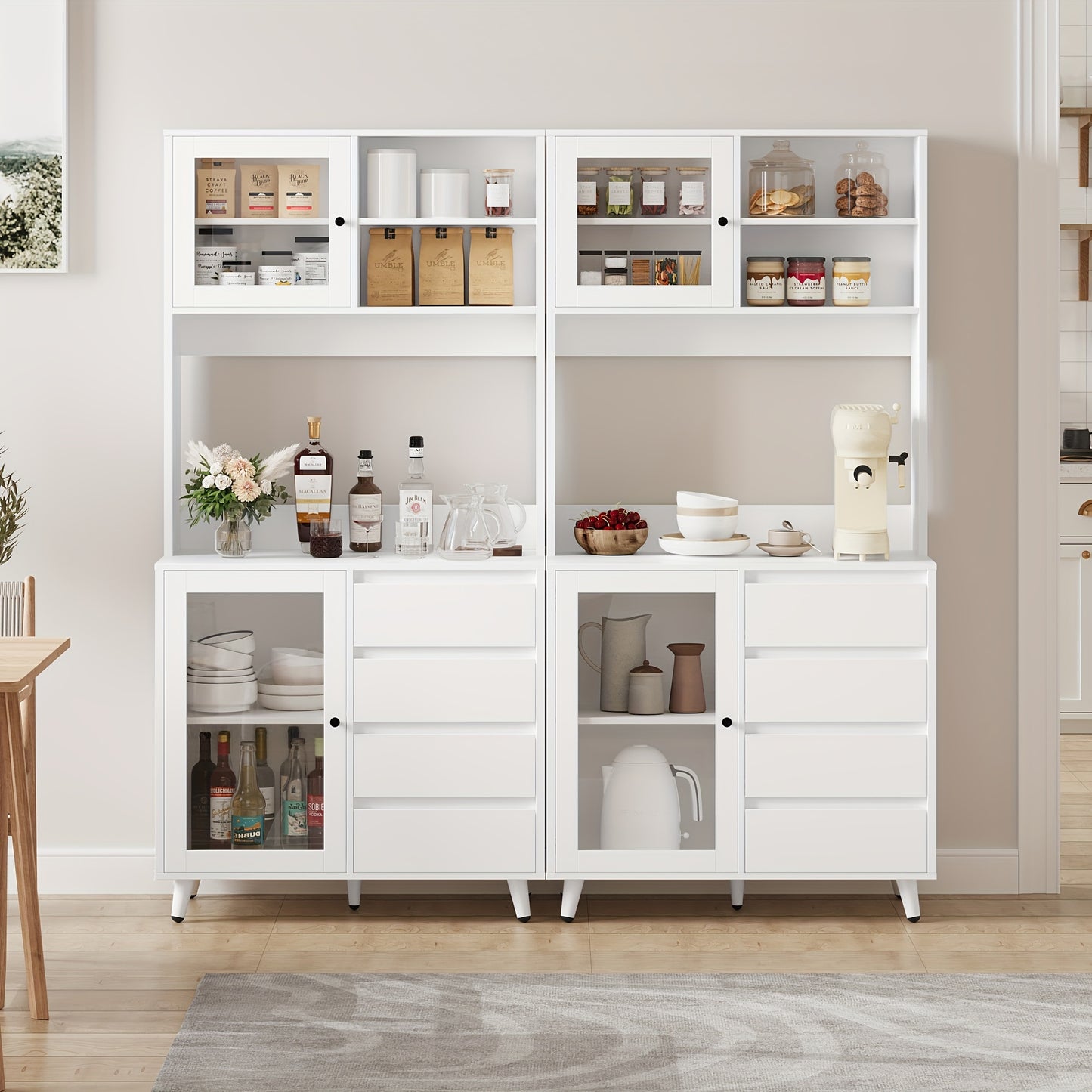 Vrijstaande Opbergkast – Keukenkast – Vitrinekast – Ladenkast – Buffetkast – MDF Hout – 3,2+ Kubieke Voet Opbergruimte – Modern Wit Met Glasdeuren