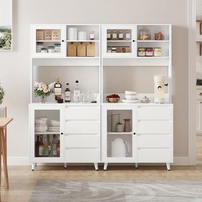 Vrijstaande Opbergkast – Keukenkast – Vitrinekast – Ladenkast – Buffetkast – MDF Hout – 3,2+ Kubieke Voet Opbergruimte – Modern Wit Met Glasdeuren