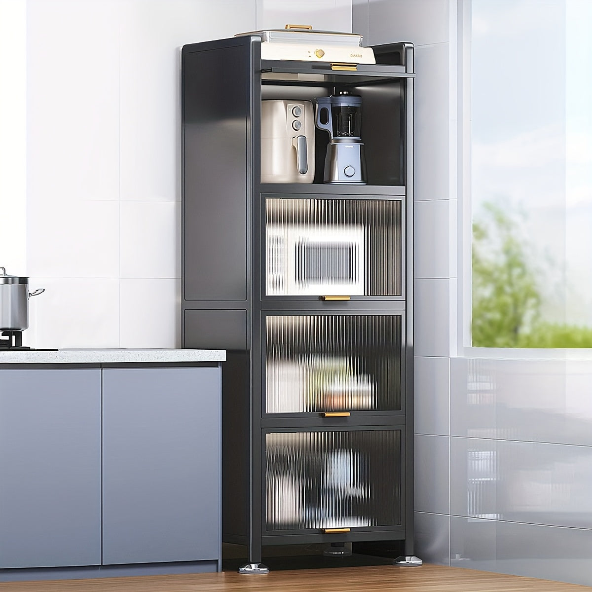 Mobiele Keukenkast – Keukenwagen – Opbergkast – Magnetronstandaard – Rek met Kanteldeuren – Stevig Carbon Stalen Frame – Ruimtebesparend Ontwerp – 50x36x154 cm