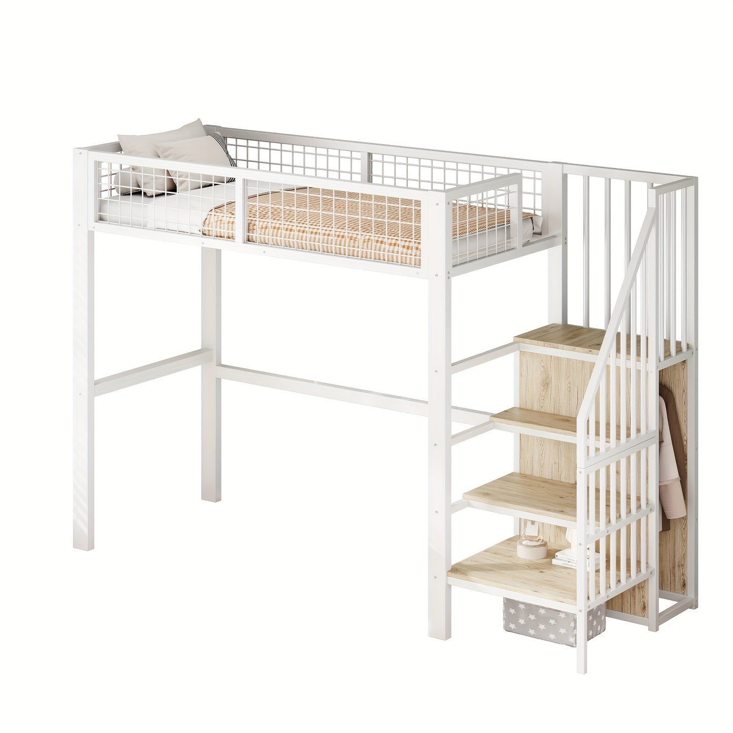 90*200 Loft Bed With Ladder With Iron And Storage Shelves