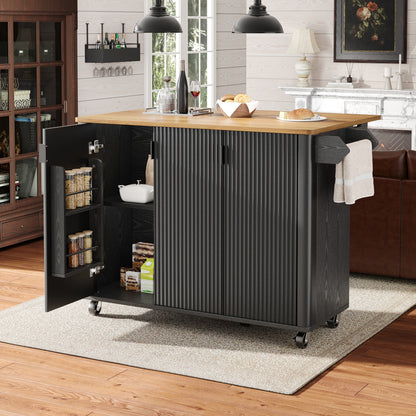 White/Black Modern Extendable Kitchen Island & with Adjustable Shelves, Spice Rack, Towel Rail - Heavy-Duty Metal Frame Trolley, 3-Door Closed Shelving, Space-Saving Expandable Design (130x45x92cm) for Small/Large Kitchens