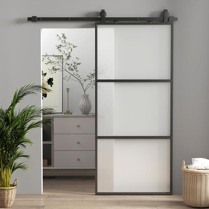Schuifdeur – Schuifdeursysteem – Binnendeur – Kastenpaneel – Ruimtescheider – Matglas Privacy – Soft-Close Mechanisme – Stalen Zwart Frame – Eenvoudige Montage – Ruimtebesparend Design