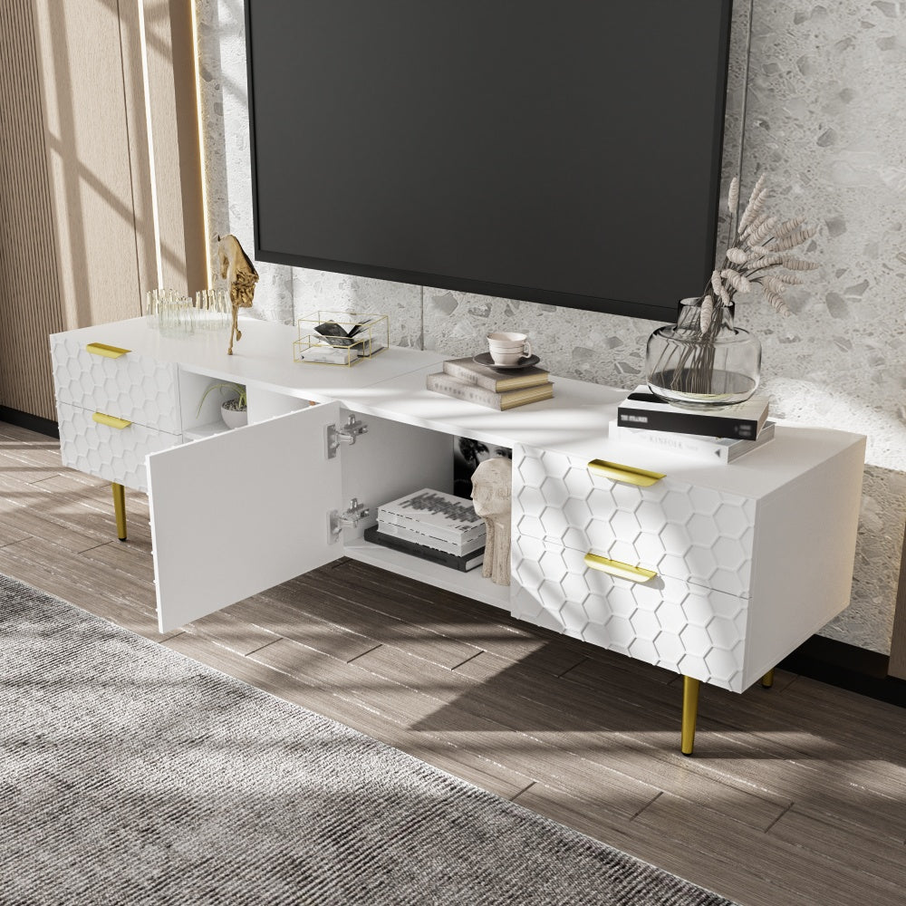Tv-meubel – Tv-kast – Media Meubel – Entertainment unit – Woonkamermöbel – Wit met Gouden Accenten – Duurzaam Niet-houten Materiaal – Laag Profiel met Veel Opbergruimte