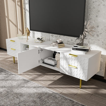 Tv-meubel – Tv-kast – Media Meubel – Entertainment unit – Woonkamermöbel – Wit met Gouden Accenten – Duurzaam Niet-houten Materiaal – Laag Profiel met Veel Opbergruimte