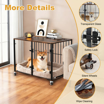 Bingopaw Dog Crate Furniture, 73cm Tempered Glass Dog Crate, Modern Indoor Dog Crate, Suitable for Small/Medium/Large Dogs Weighing No More Than 80kg, Side Table, Home Dog Crate, 77x 60 x 65cm, with 4 Brake Wheels, 360° No B