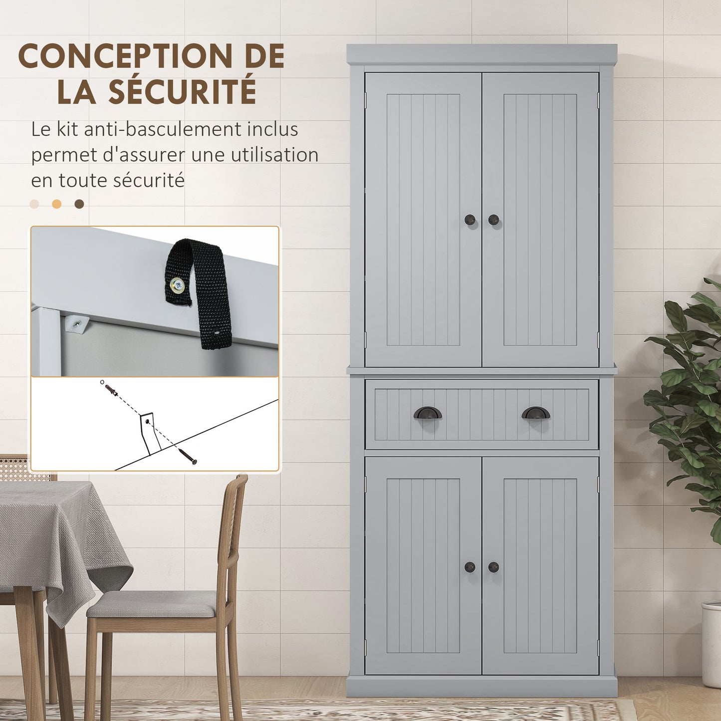 Keukenkastje – Opbergkast – Buffetkast – Keukenkast – Keukenmeubel – Grijs Met Zwarte Grepen – 2 Kasten Met 4 Deuren – Grote Lade – Verstelbare Planken – MDF En Spaanplaat – Modern Design – 76,2x40,2x183 cm