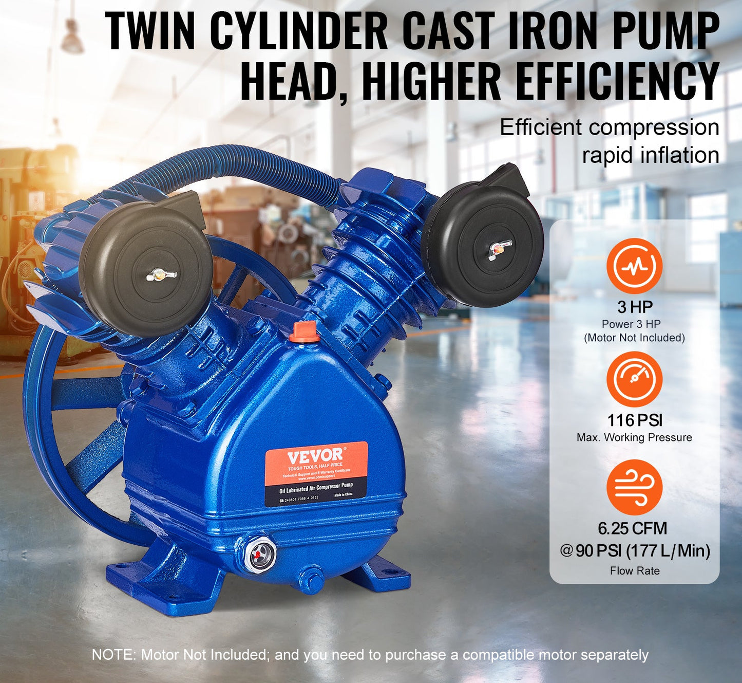 Compressorkop – Luchtcompressor Pompkop – Pompkop – Air Compressor Head – Tweecilinder Compressor – 3PK Vermogen – 6,25 CFM Luchtvolume bij 90 PSI