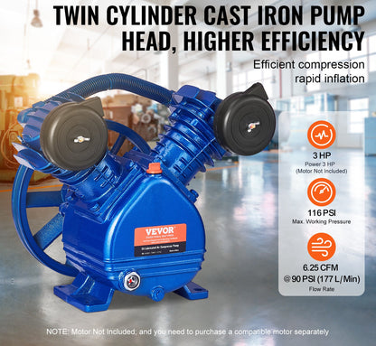 Compressorkop – Luchtcompressor Pompkop – Pompkop – Air Compressor Head – Tweecilinder Compressor – 3PK Vermogen – 6,25 CFM Luchtvolume bij 90 PSI