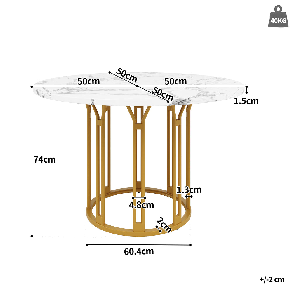 Ronde Eettafel – Eetkamertafel – Ontbijttafel – Keukentafel – Tafel Rond – Marmerlook Wit Goud – Stevige Metalen Poot – Gebruiksklaar Zonder Montage