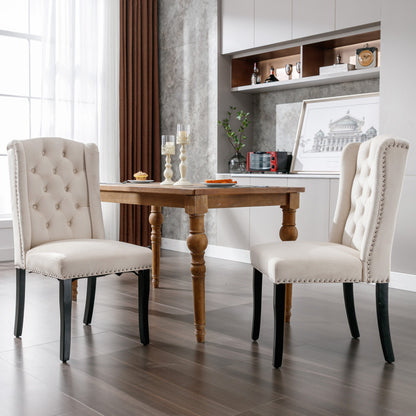 Fluwelen Eetkamerstoel – Stoel, Fauteuil, Zithoekstoel, Lounge stoel – Beige Velvet – Set van 2 – Massief Eiken Poten – Chroom Ring en Nietenrand