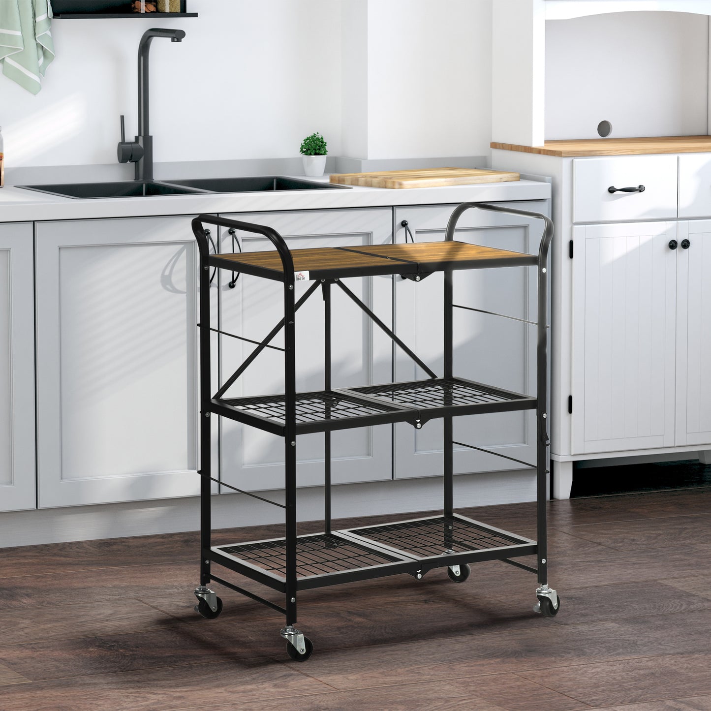 Keukentrolley – Serveerwagen – Opbergtrolley – Werktafel – Mobiele Keukenkar – Industrieel Design – 3 Ruime Planken – Inklapbaar Met 4 Draaibare Wieltjes – Bruin/Zwart